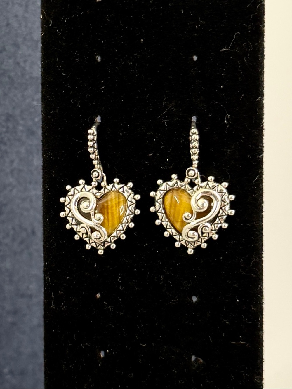 BARBARA BIXBY Sterling Silver Tan Brown Tiger’s Eye Heart Filigree Earrings